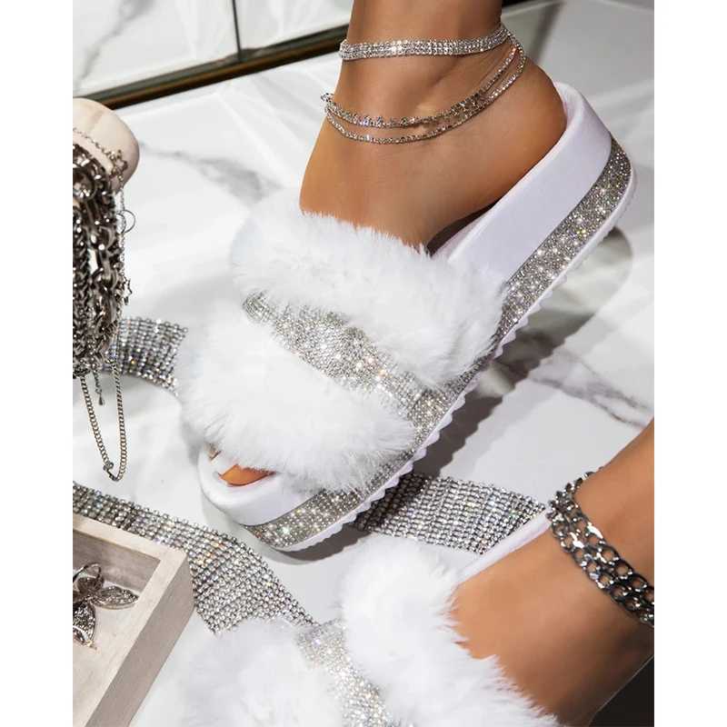 2024 Winter Designer Fur Rhine Slippers Women Luxury Platform Heel Fluffy Furry Slides Outside Beach Flip-Flop LadiesXJ250207