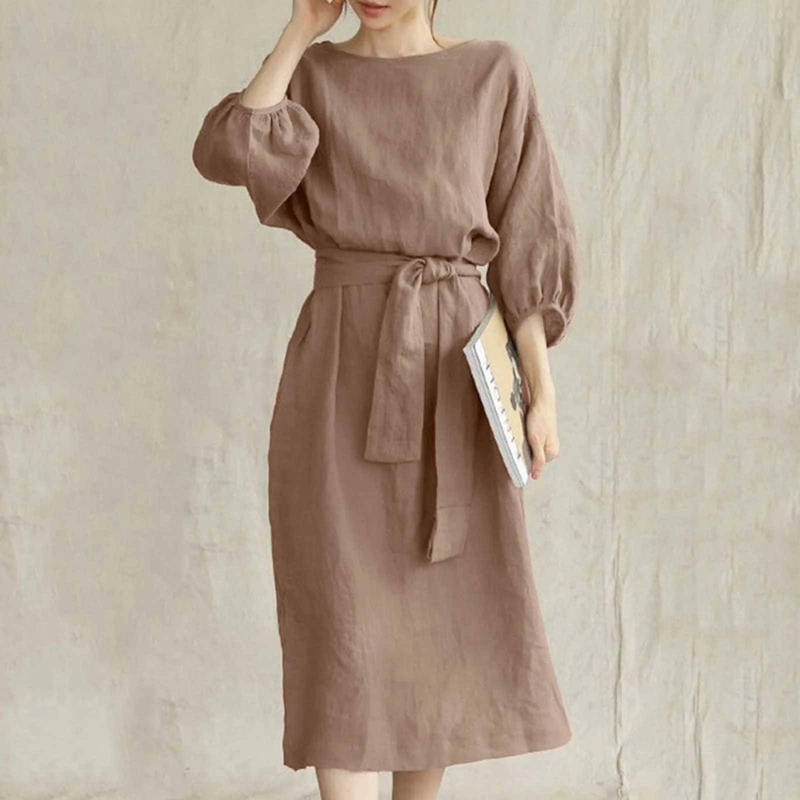 Cotton Linen Dresses WomenS Vintage Long Sve High Waisted Tied Solid Color Round Neck Dress Ele Vestidos For WomenXJ2500207
