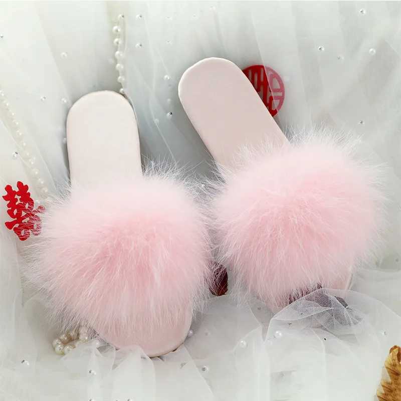 Bridesmaid Women Slipper Ostrich Feather Slides Female Sandals Flip Flops Indoor Slipper Wedding Team Shoes Lady Gift LuxuryXJ250207
