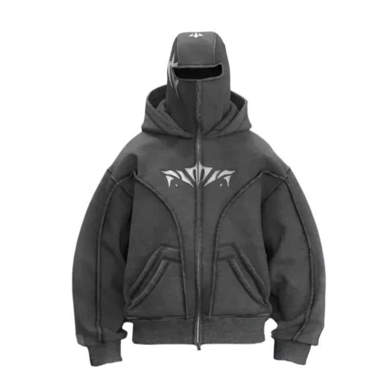 Y2K Phantom Hoodie Zipper Balaclava Double Hat Embroidery Streetwear Gothic Distressed Heavyweight Unisex Oversize Sweatshirt W250207