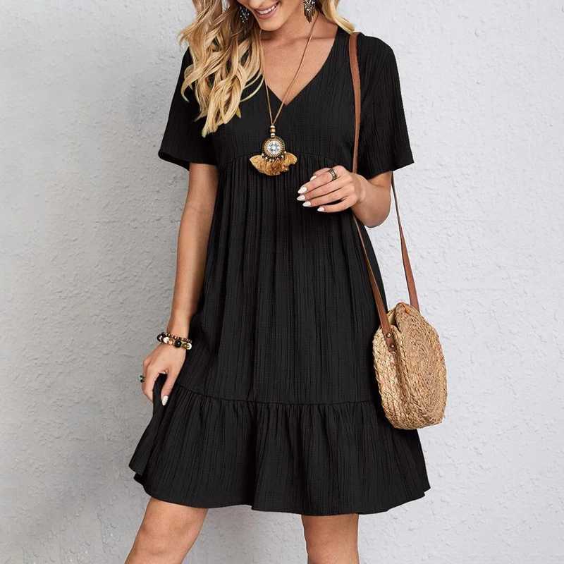 Women Mini Dress Summer Casual Solid V Neck Ruffles A-line Dress Fe Fashion Holiday Boho Loose Beach Ele Dresses VestidoXJ2500207