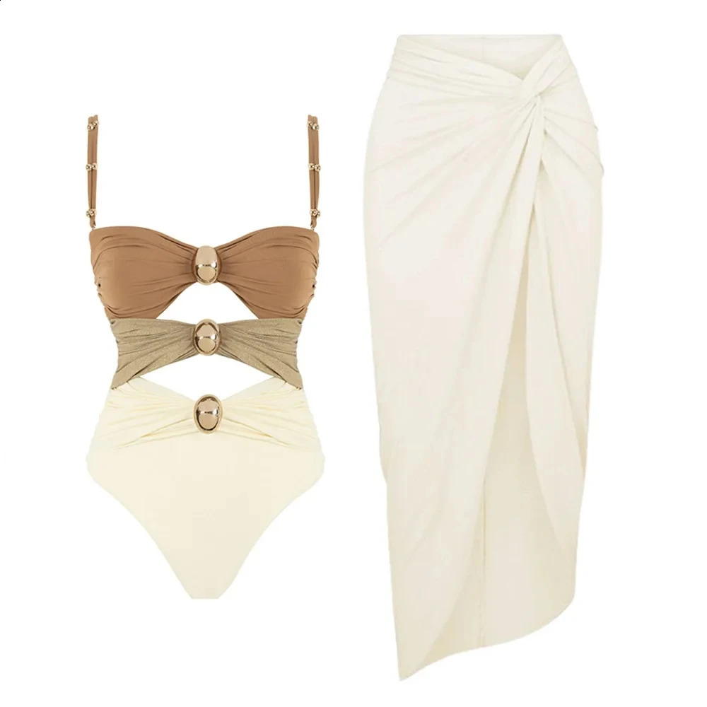 2024 Cut Out One Piece Swimsuit with Skirt Women Hollowen Swimwear Monokini Patchwork Bodysuit Bathing Suit Beach Wear 250207