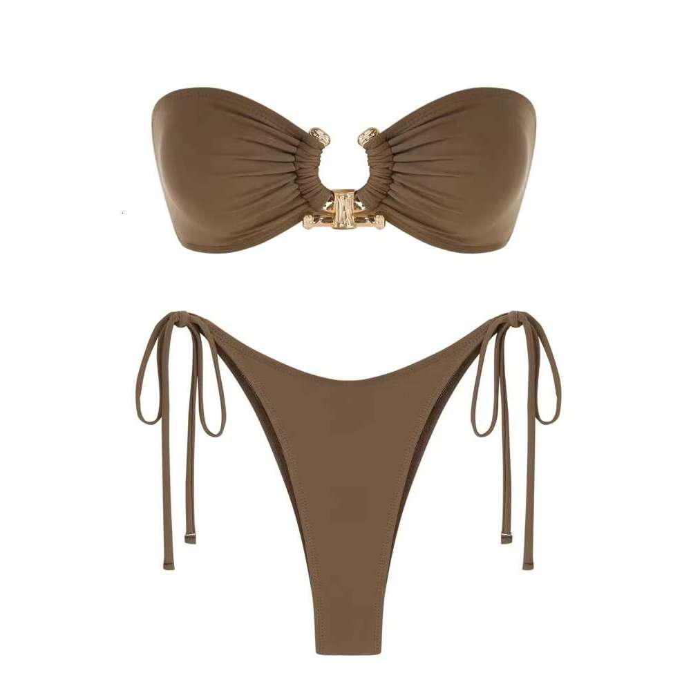 Solid O 2024 New Swimsuit For Women Tie Side Shiny Metal Hardware Ring Bandeau Bikini Swimwear Padded Bra Top Low Waisted