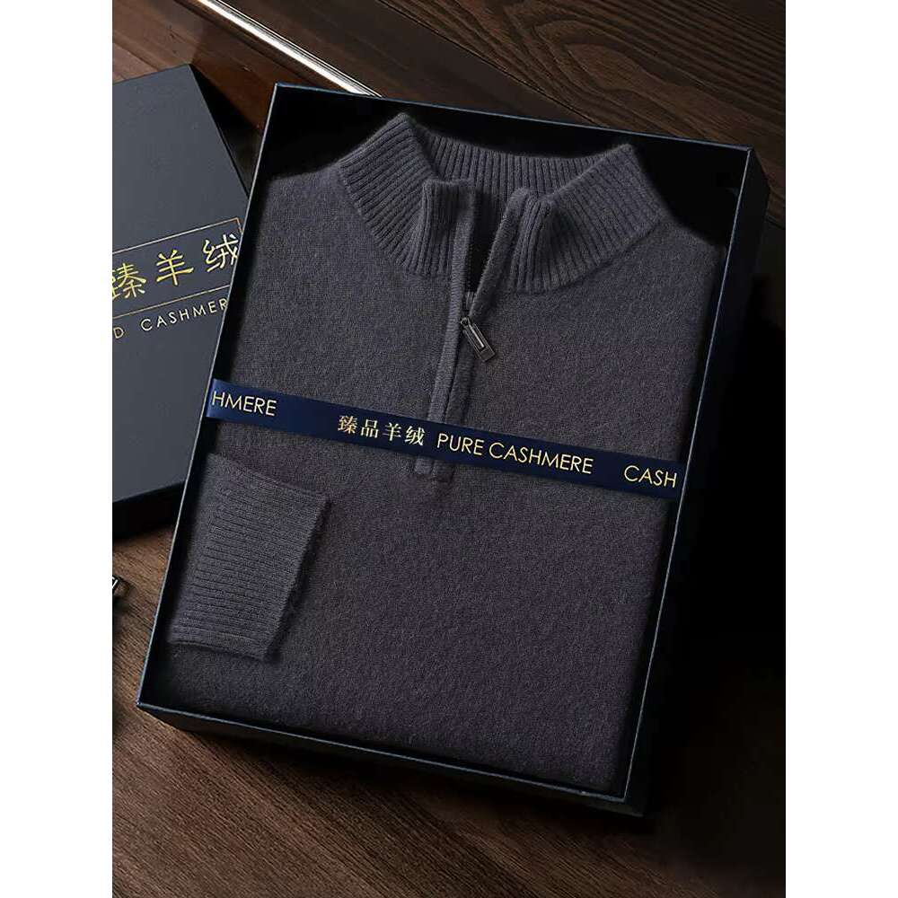 Autumn Winter Men's Basic Zipper Pullover 100% Cashmere Sweater High Quality Base Mock Neck Knitwear Smart Casual Soft Warm Top