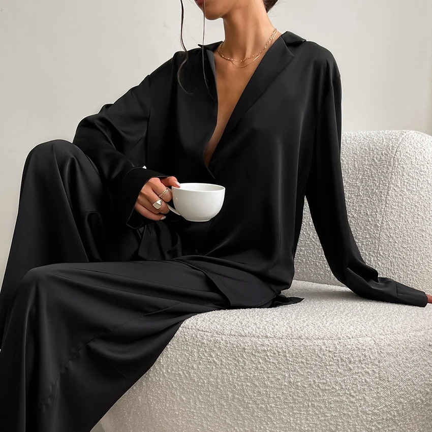 Hiloc Oversized Satin Silk Sleepwear Low Cut Sexy Pajamas For Women Single-Breasted Long Sleeves Wide Leg Pants Trouser Suits 250207