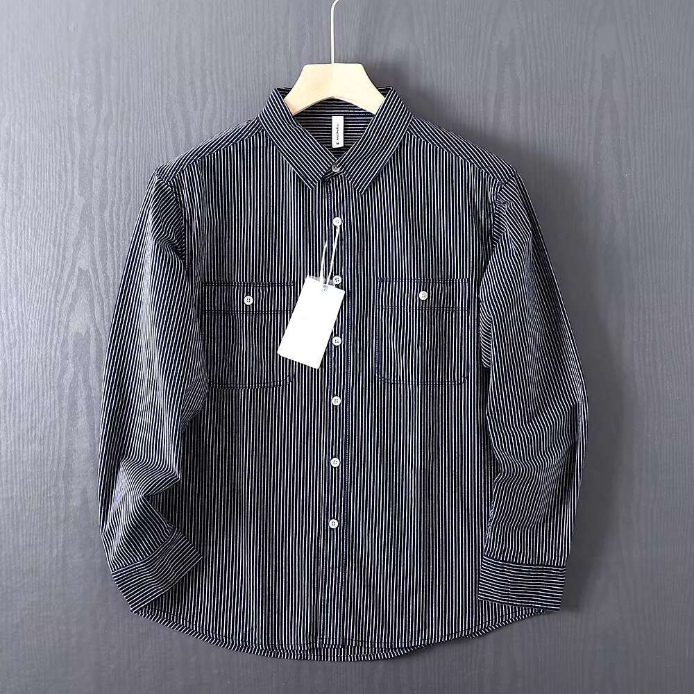 Men's Autumn Pure Cotton Fashionable Loose Striped Long Sleeved Shirt Outdoor Trekking Hiking Climbing Camping Workwear Blouse