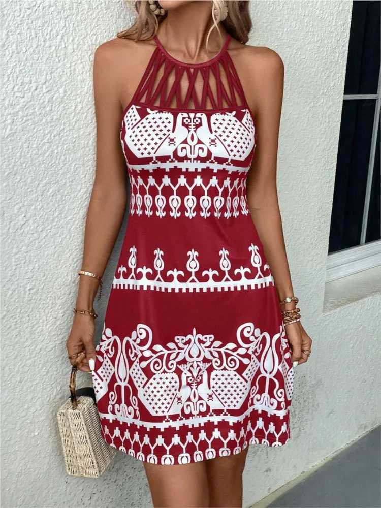 Sexy Dress For Women Hollow Off Sveless Printed Dress Retro Ele Vacation Beach Sundress Slim Fitting Women Midi VestidosXJ2500207