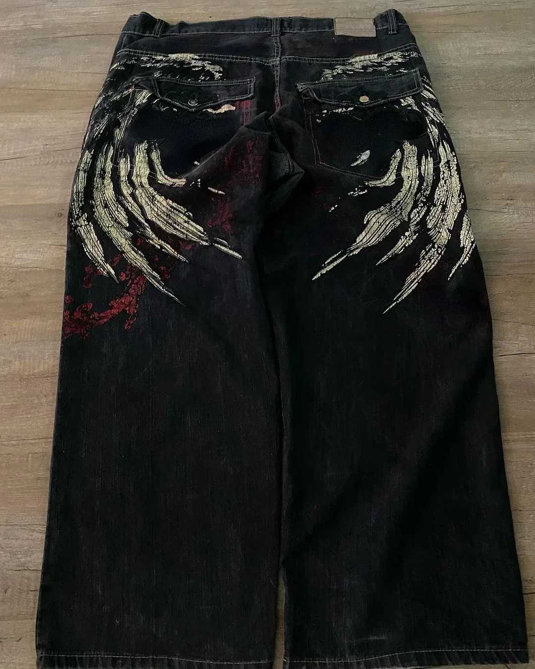 Y2K Vintage Jeans New Harajuku Hip Hop Wing Pattern Embroidery Print Baggy Jeans Pants Goth High Waist Wide Trousers Strtwear W250207