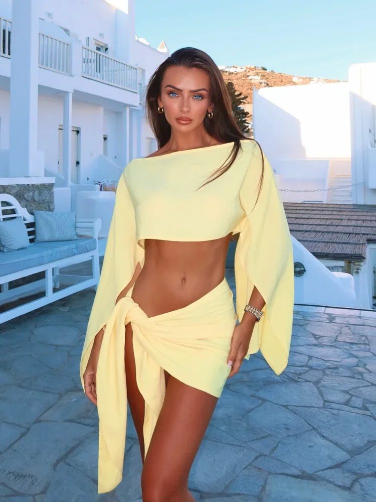 Sexy Backless Cotton Linen Knot Solid Skirt Set Women Crop Long Sleeve Top Mini Skirts Suits Lady 2 Piece Set Mini Skirt Suit 250206