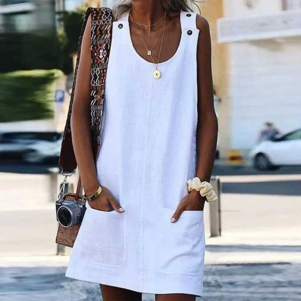 2023 Woman Summer Beach Dress Ele Solid Cotton Linen Sveless Long Tank Dress Casual Loose Party Pockets Sundress VestidosXJ2500207