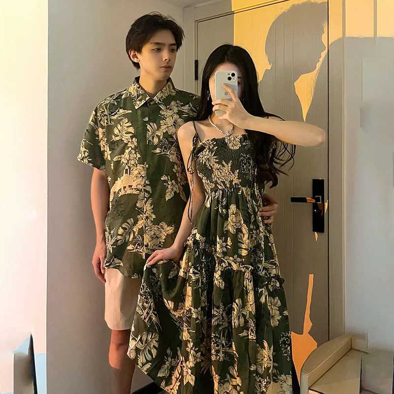 Holiday Family Matching Beach Clothes Couple Vacation Look Mom and Daughter Smock Green Dress Resort Dad and Son Print Shirts W250207