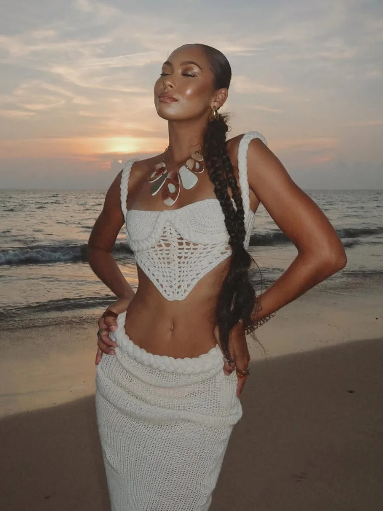 Sexy Knit Bra Top Skirts Sets Women Twist Hollow Out Strap Backless Crop Corset Split Skirt Suits Female 2 Pieces Holiday Beach 250206