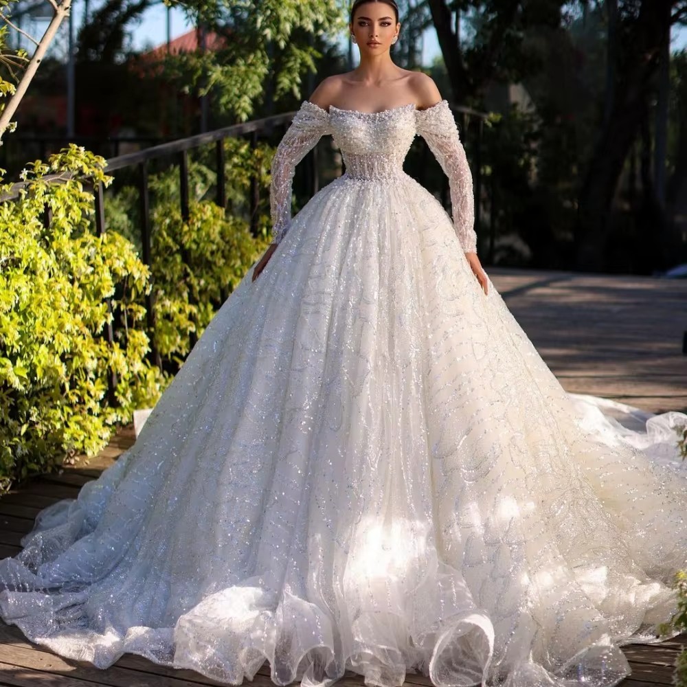 Elegant Women Wedding Off Shoulder Long Sleeves Bridal Gowns Sequins Pearls Sweep Train Dress Custom Made vestidos de novia