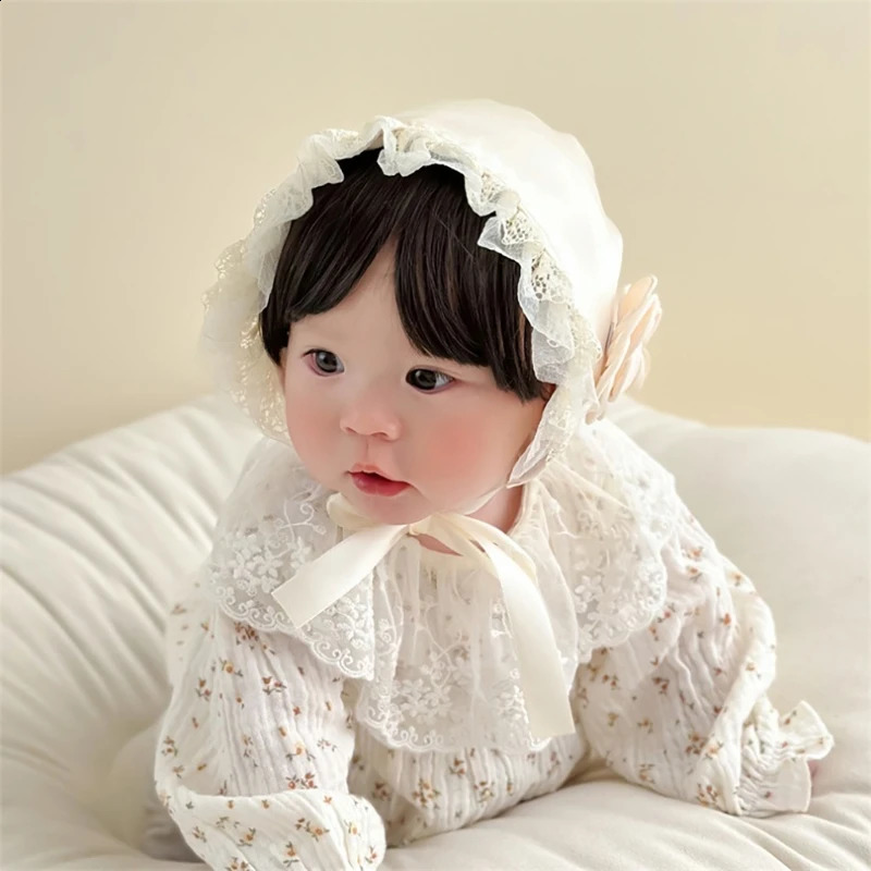 Spring Summer Lace Flower Adjustable Satin Princess Baby Girls Sun Hat born Pography Props Lace Cap 250206