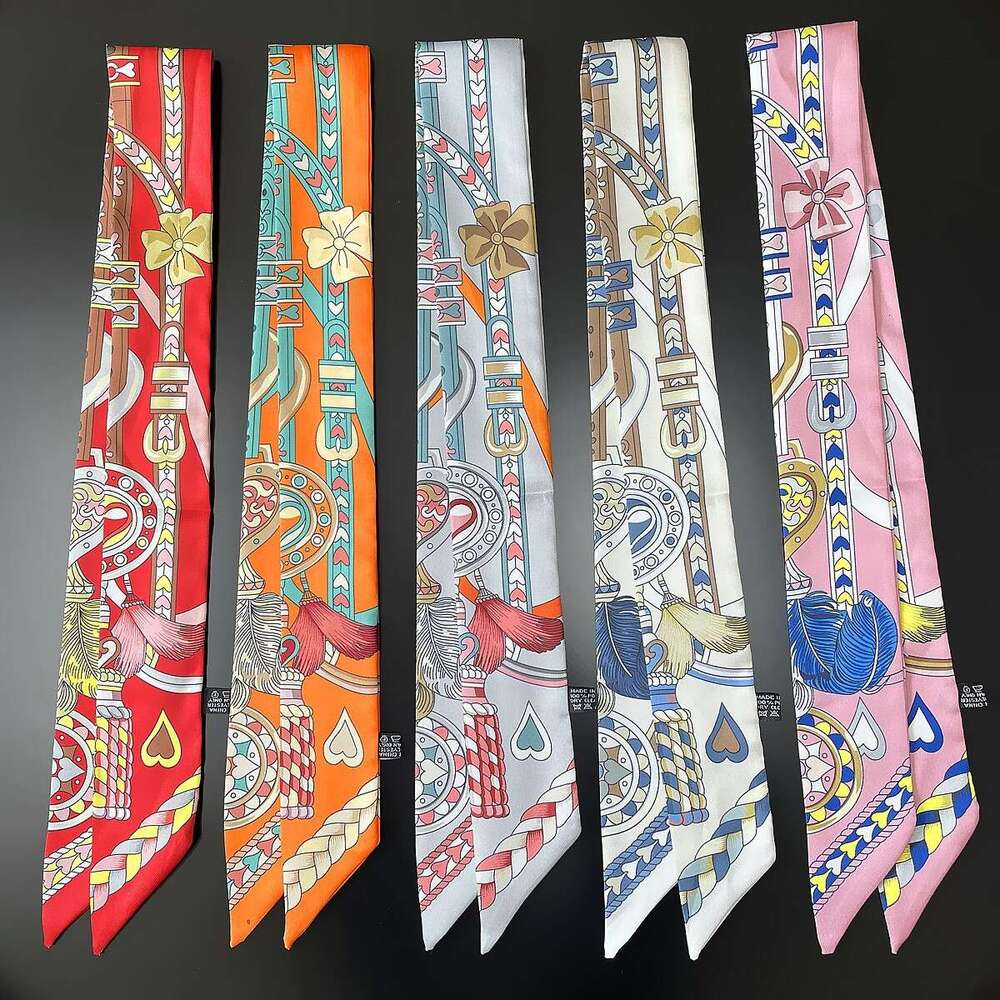 high-end twill printed women's white small tie bag handle, silk tie, wrist scarf, decorative headband