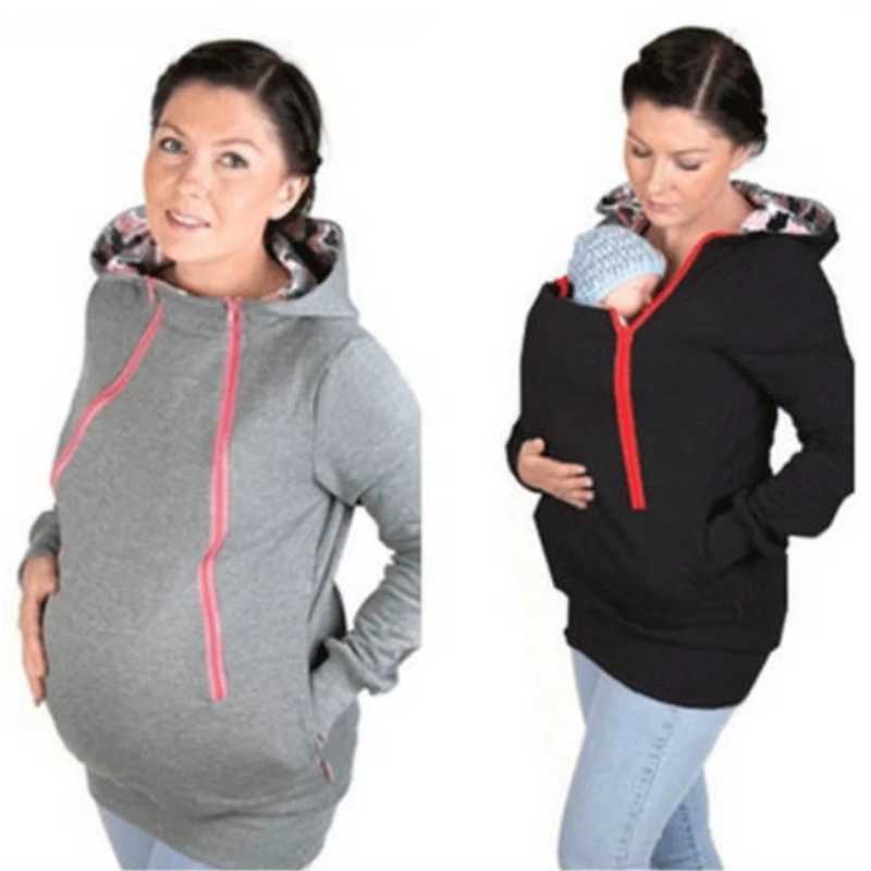 Hoodie Pregnancy Women Kangaroo Carrier 2024 Spring Autumn Maternity Women Casual Sweatershirt Coat With Zipper Pocket B0061 W250207
