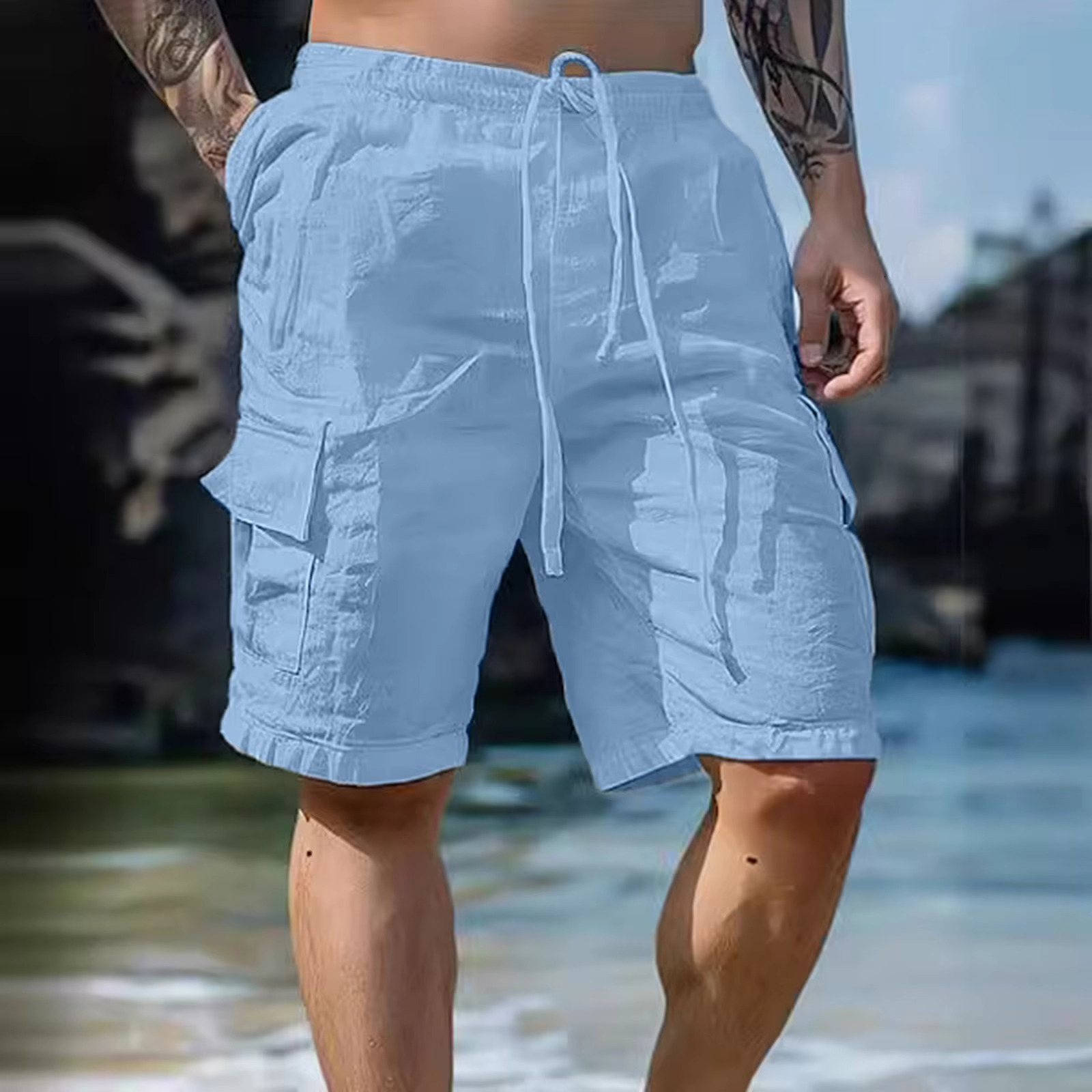 2025 Summer Fashion Loose White Work Pants Men's Handsome Casual Street Wear Beach Shorts Solid Color With Pocket Shorts Sports Pants
