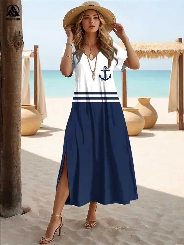 New Vacation Womens Dresses Anchor Print Ele Midi Dresses Feamle Short Sve Dress Fashion Oversized Clothes Summer 2024XJ2500207