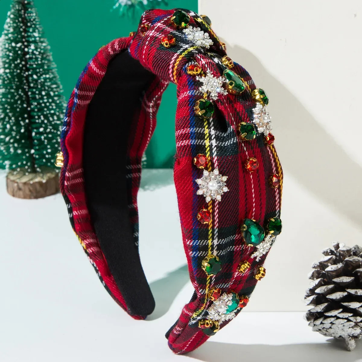 -selling Checked Fabric Knotted Headband Inlaid with Christmas Accessories Vintage Holiday Hair Accessories 250207