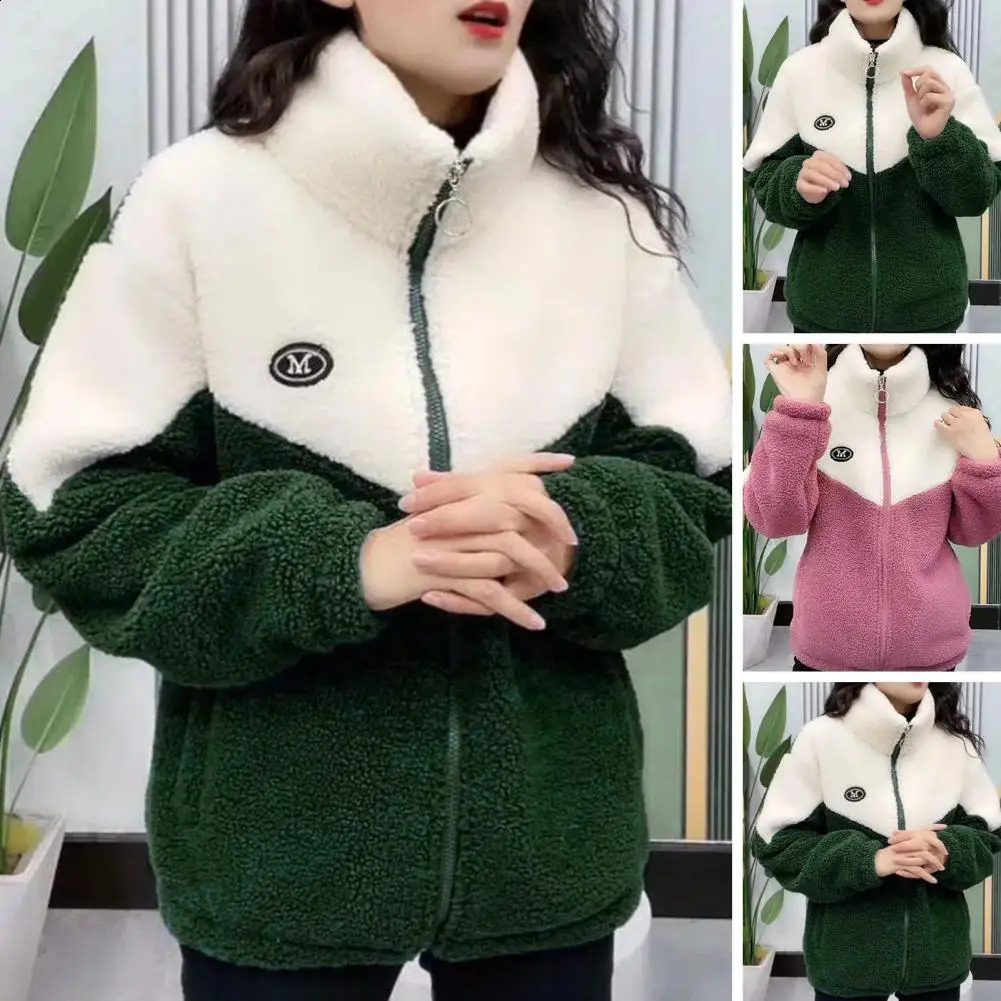 Autumn Winter Fleece Fluffy Jacket Streetwear Harajuku Zipper Coat Woman Lightweight Plush Warm Splice 250109