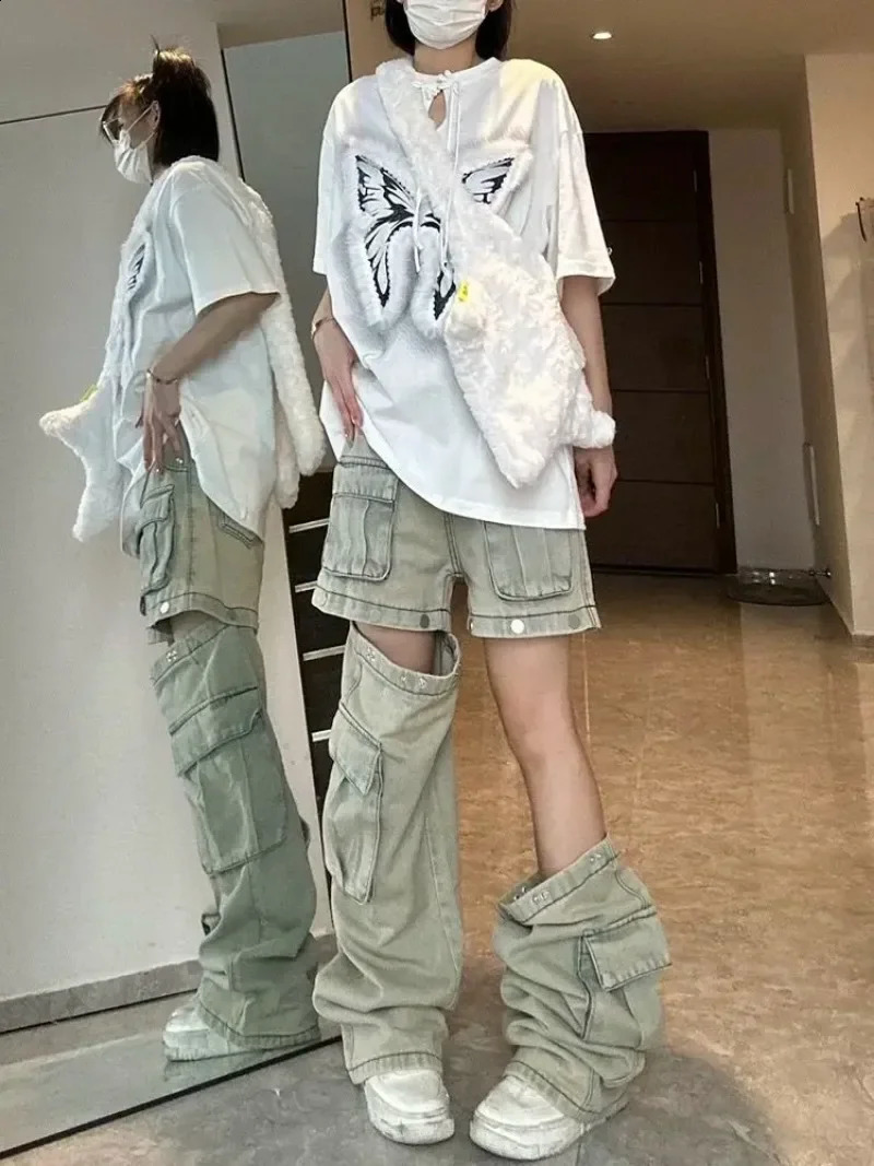 Explosions American Detachable n Sense Tooling Jeans Female Y2K Fashion Gothic Retro High Street Straight Waist Pants 250206
