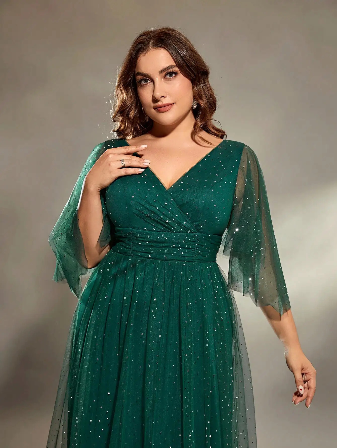Mgiacy plus size V-neck cross chest pleats irregular long sleeve fillet netting A full skirt Evening gown Ball dress Party dress 250207