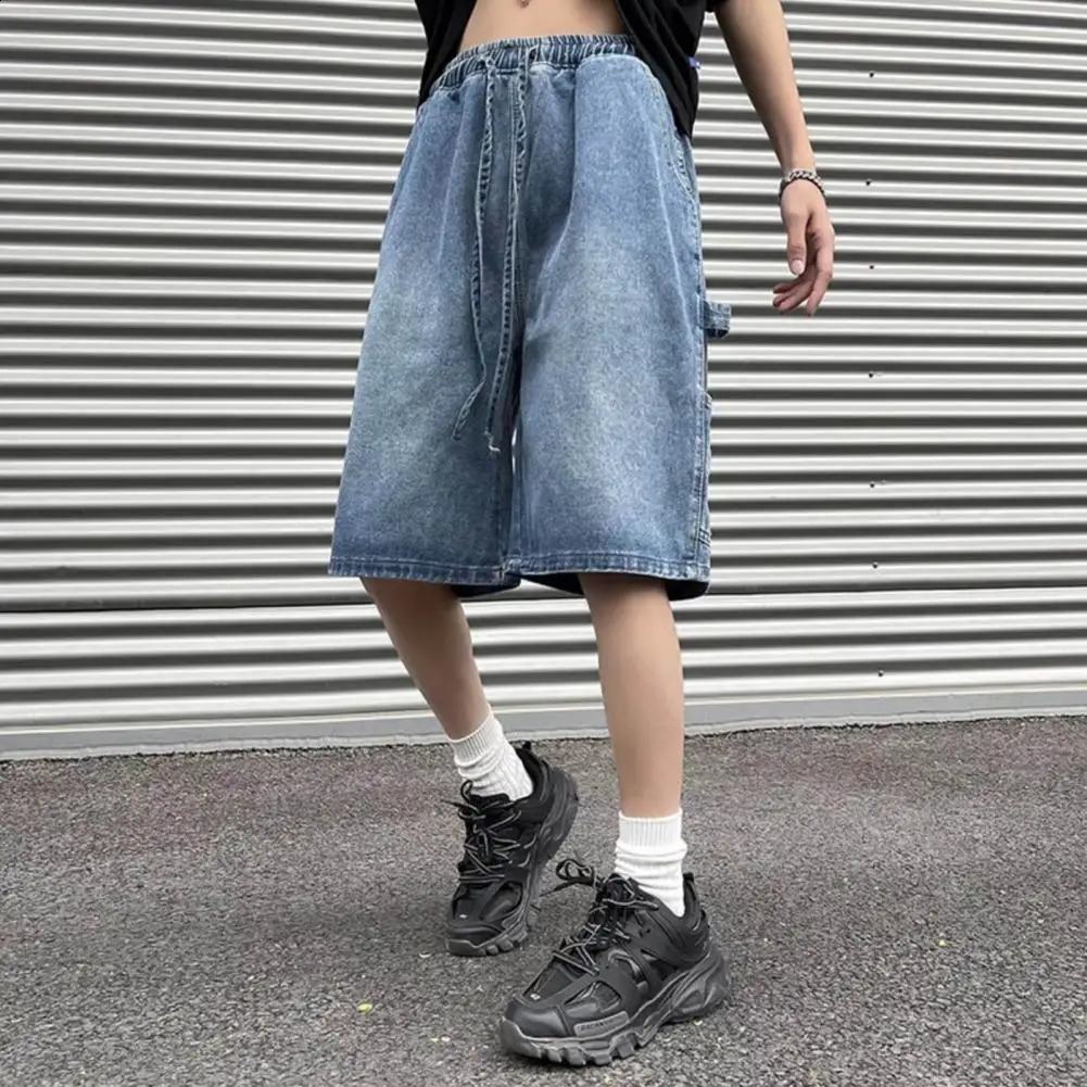 Men Denim Shorts Elastic Drawstring Waist Straight Wide Leg With Pockets Solid Color Casual Pants Streetwear 250120
