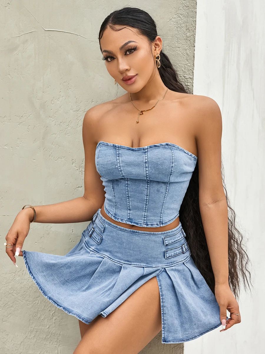 Womens Summer 2PCS Outfit Sets Solid Color Sleeveless Off Shoulder Zipper Bandeau Pleated Denim Skirt 250207
