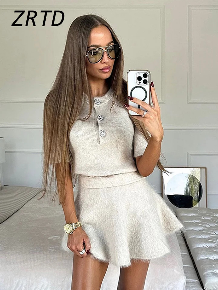 Fashion Wool Half Sleeve Slim Skirts Suits Women 2024 Button Knit Top Short Shirt Set Female Commute Casual Lady Knitted Outfits 250113