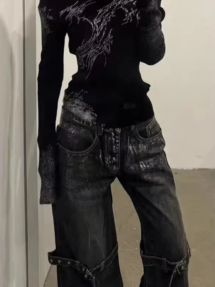 HOUZHOU Y2K Gothic Women Jeans Grunge Hip Hop Harajuku Black Denim Trousers Female Vintage Streetwear Punk High Waist Pant 250206