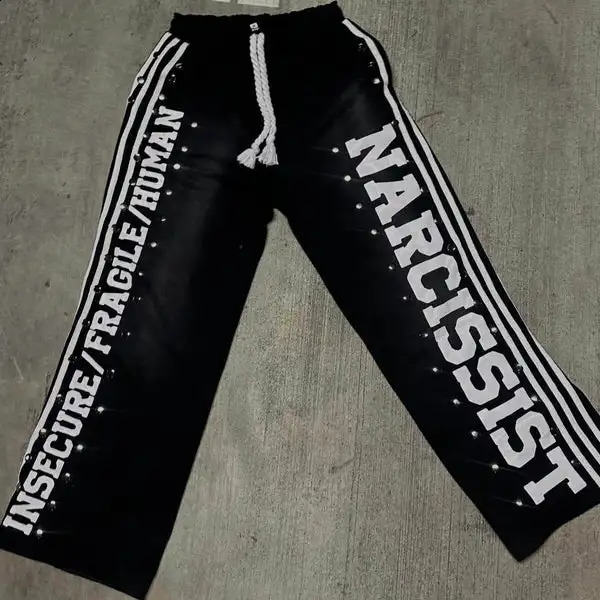 Gothic Letter Patchwork Y2k Clothes for Men Hip Hop Retro Sequin Striped Sweatpants T Shirt Two Piece Set Casual Tracksuit Men 250206