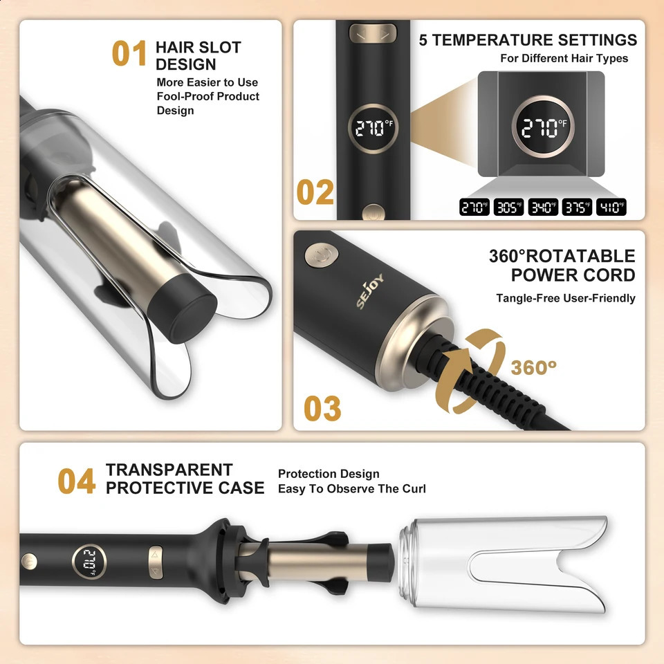 SEJOY Auto Curling Iron Professional Tangle Auto Hair Curler with 1.0-inch Rotating Barrel 5 Temps and Auto Shut-Off 250206