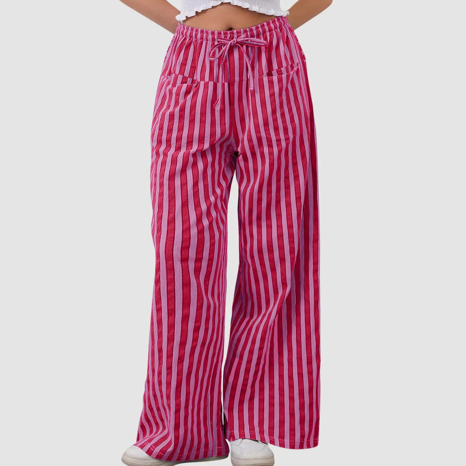 Striped Print Pants Vertical Wide Leg With Drawstring Pockets For Women Streetwear Trousers A Stylish Look 250206