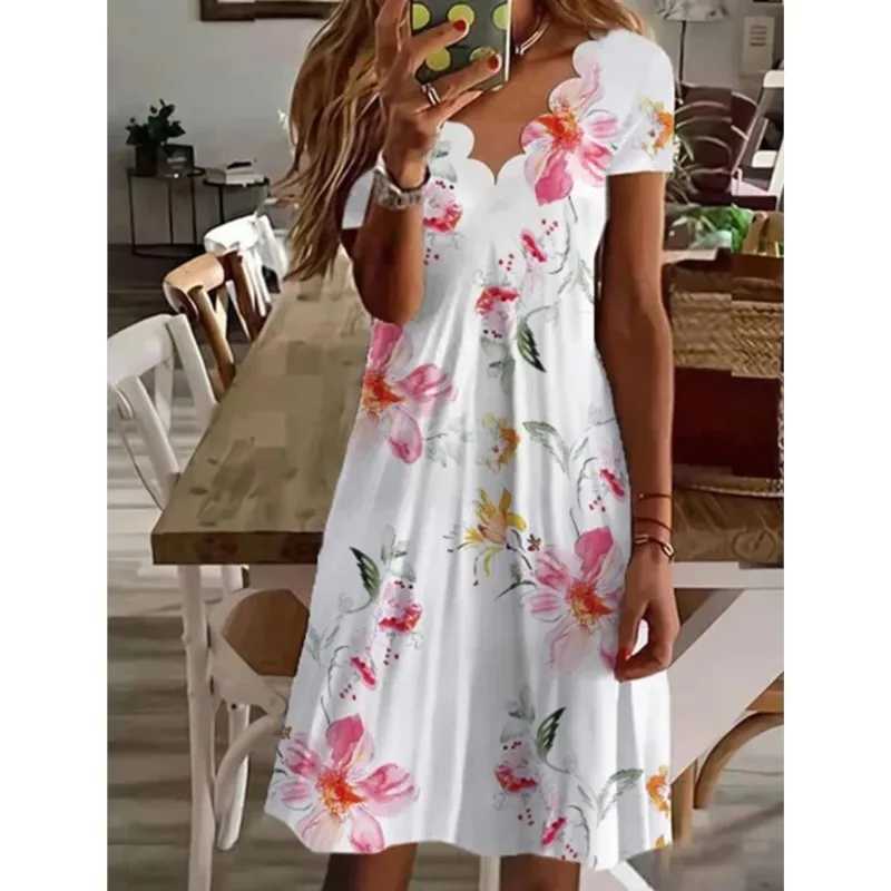 Summer New Womens Digital Printed V-neck Short Sved Dress 2024 Ladies Floral Print Knee-Length Pullover Dresses Femme RobeXJ2500207