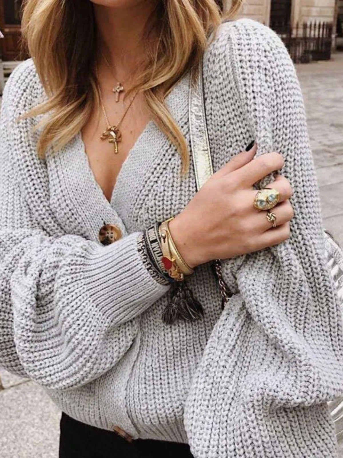 Grey Cardigan Sweater Women Cozy Soft Knit Button Up V-Neck Jumper Basic Knitwear Autumn Winter Outfit 250206