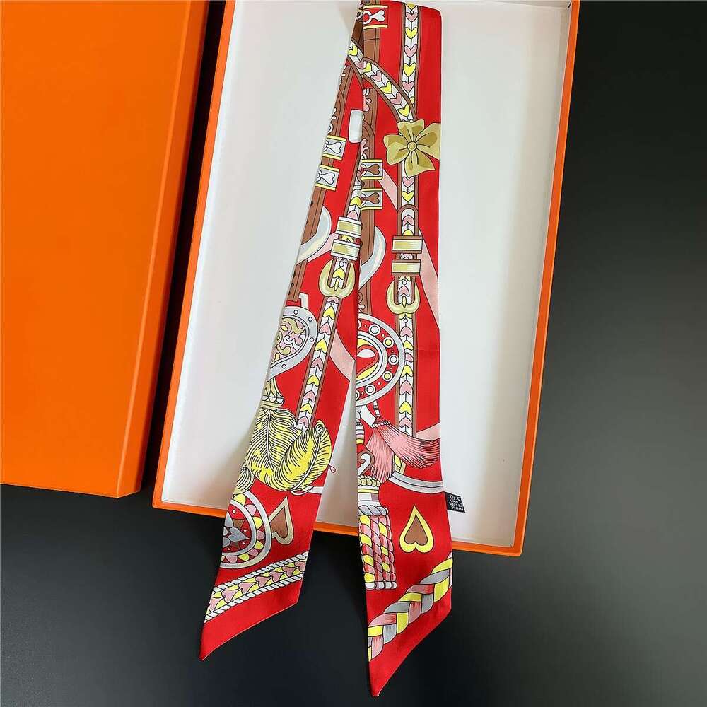 high-end twill printed women's white small tie bag handle, silk tie, wrist scarf, decorative headband