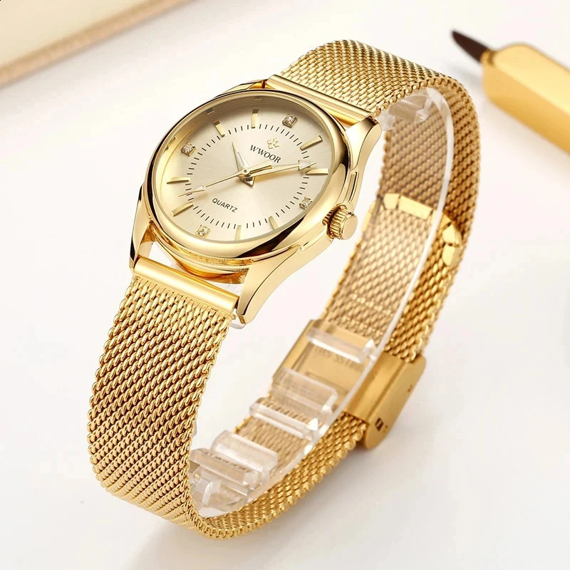 WWOOR Dress Gold Watch Ladies Elegant Diamond Small Quartz Wrist Watches For Women Steel Mesh Clock zegarek damski 250121