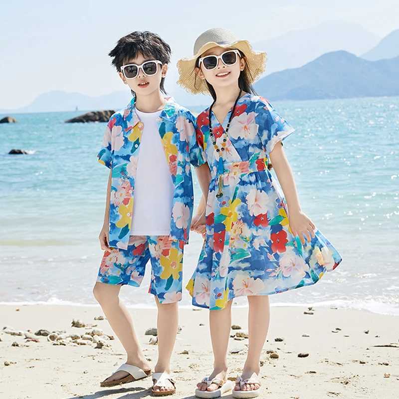 Summer Beach Family Matching Outfits Mom Daughter Floral Dresses Dad Son Shirts/T-shirt+Shorts Couple Clothes Holiday Seaside W250207