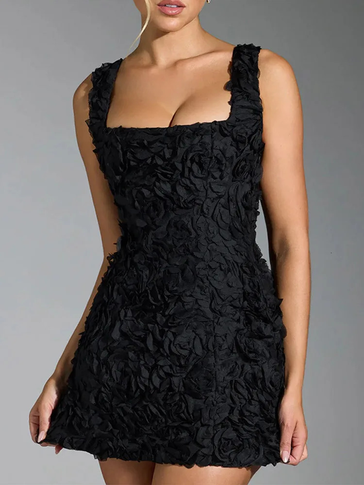 Elegant 3D floral womens short skirt sweet square neckline sleeveless hip set mini dress fashionable lace slim fitting robe 250206