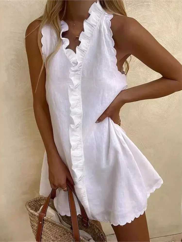 New Women Casual Cotton And Linen White Dress Summer V Neck Ruffles Sveless Ele Boho Beach Party Mini Dresses Fe RobeXJ2500207