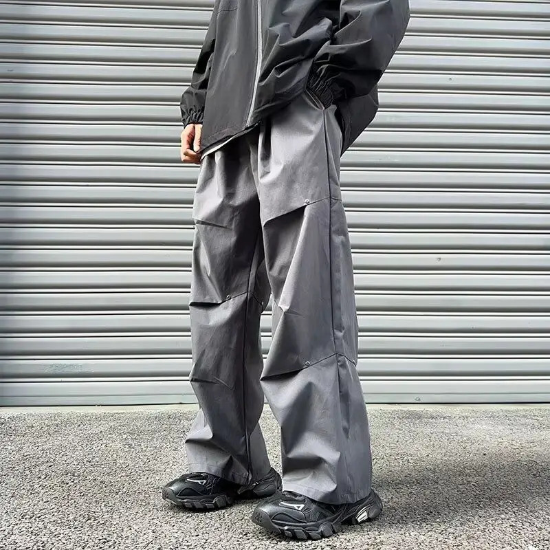 Boyfriend Solid Color Wide Leg Elastic High Waist Pockets Cargo Casual Trousers Mens Clothing Straight Spring Autumn Pants 250206
