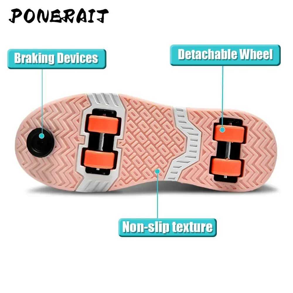 Neutral button extension 4-wheel skateboard shoes with new wheels sports shoes for boys and girls skateboarding shoelaces wheels W250207