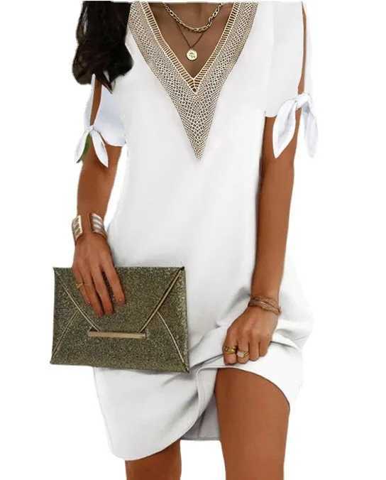 Ele Dresses For Women V Neck Off Shoulder Patchwork Design Casual Office Lady Mini Dress White Loose Beach Holiday Dress y2kXJ2500207