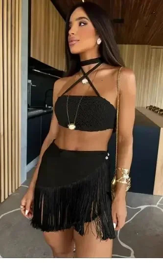 Summer Two Piece Skirt Sets Sexy Sleeveless Short Bandeau Top Elegant Tassel Skirt Chic Beach Outing Women Bandage Suits 250206