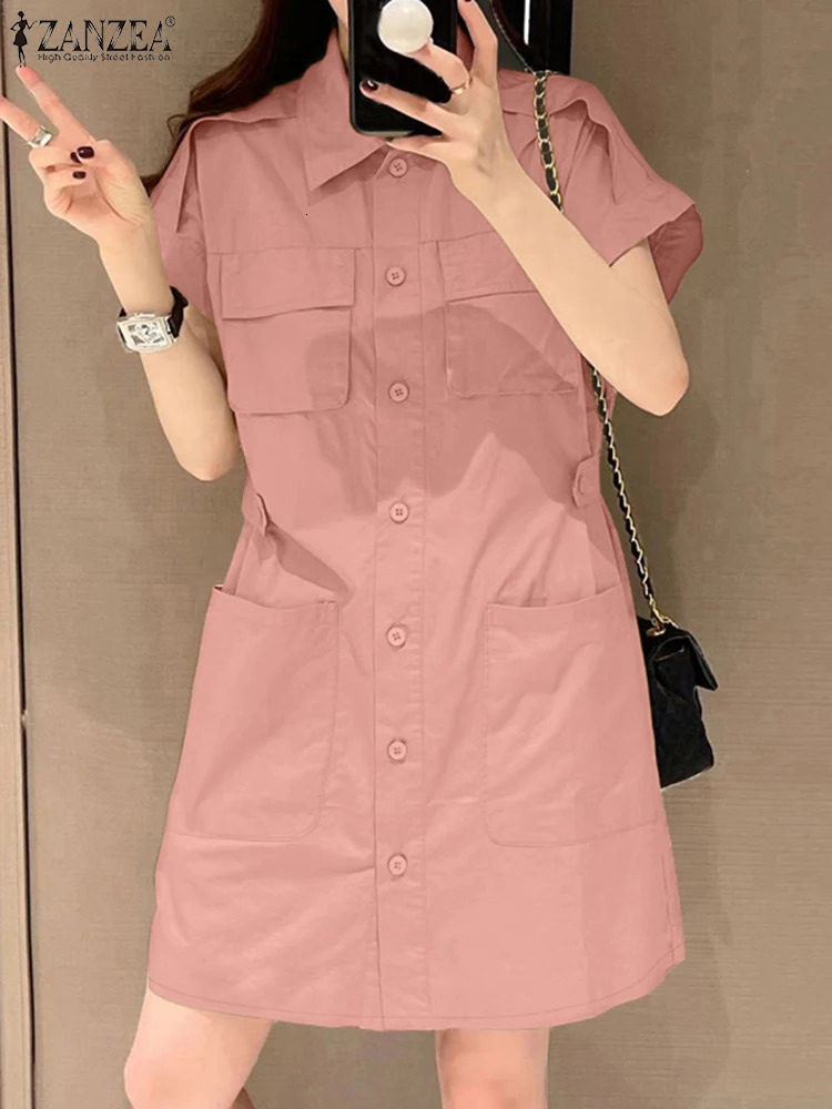 2025 ZANZEA Summer Fashion Collar Short Sleeve Dress Commodity Elegant Solid OL Work Sundress Vestidos 250206