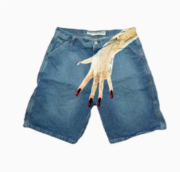 Retro hip-hop blue Baggy hand print men denim shorts Y2K Gothic Harajuku sports pants basketball shorts long pantsX240914