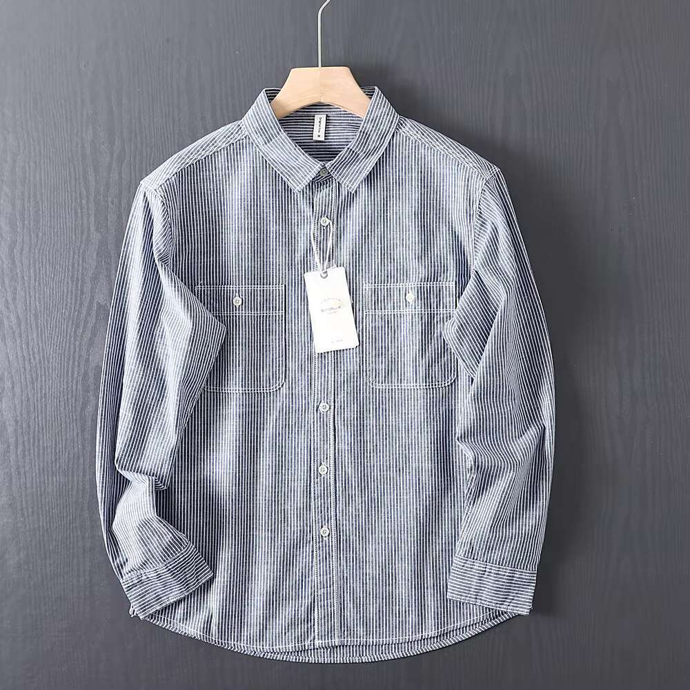 Men's Autumn Pure Cotton Fashionable Loose Striped Long Sleeved Shirt Outdoor Trekking Hiking Climbing Camping Workwear Blouse