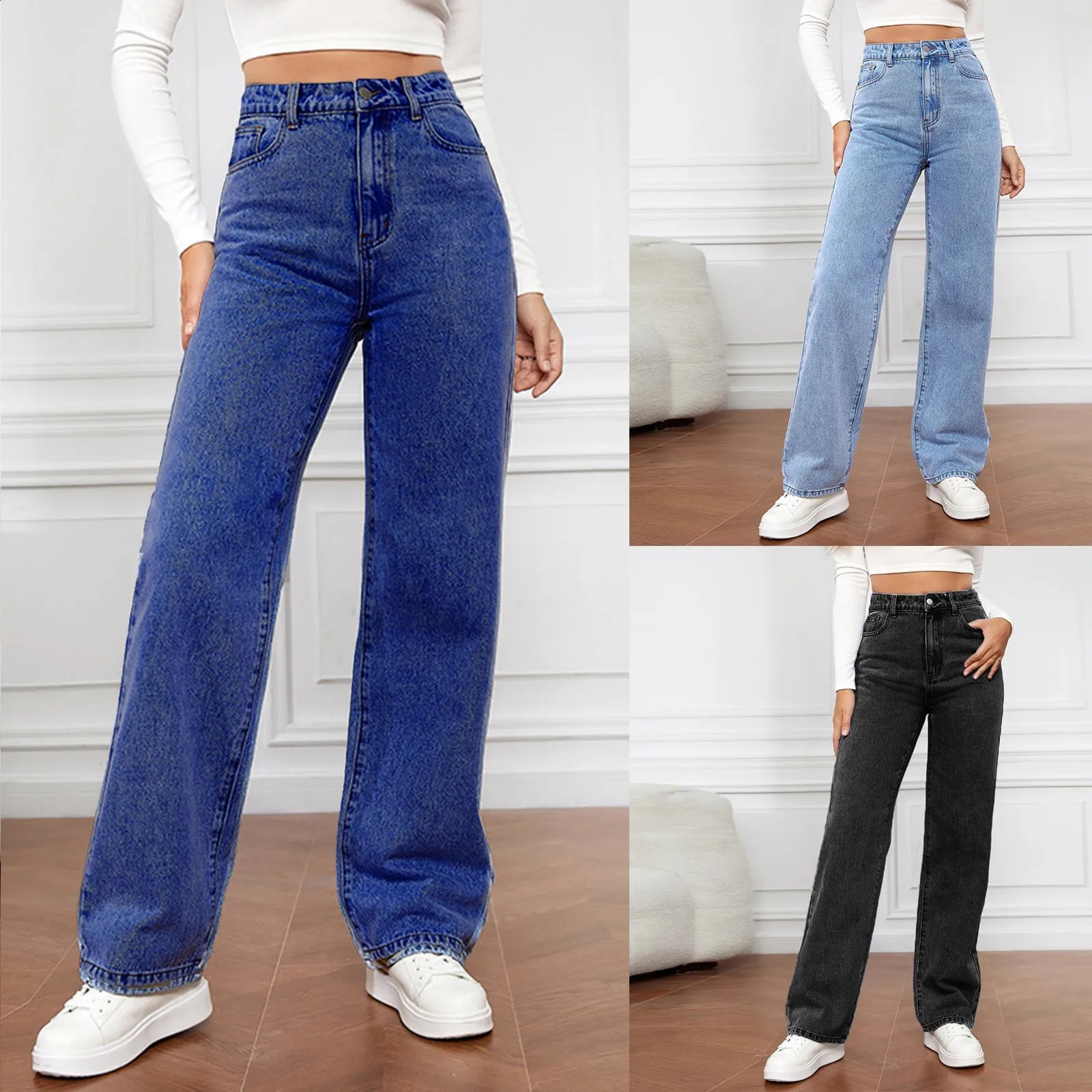 Womens High Waist Washed Jeans Fashionable Versatile European American Straight Leg Pants 2000s Clothes Y2k Baggy 250206