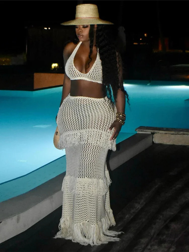 Leosoxs Beach Vacation 2 Piece Set Knit Women Y2K See Through Halter Low-Neck Tank TopTassel Multilayer Skirts Sexy Clubwear 250206