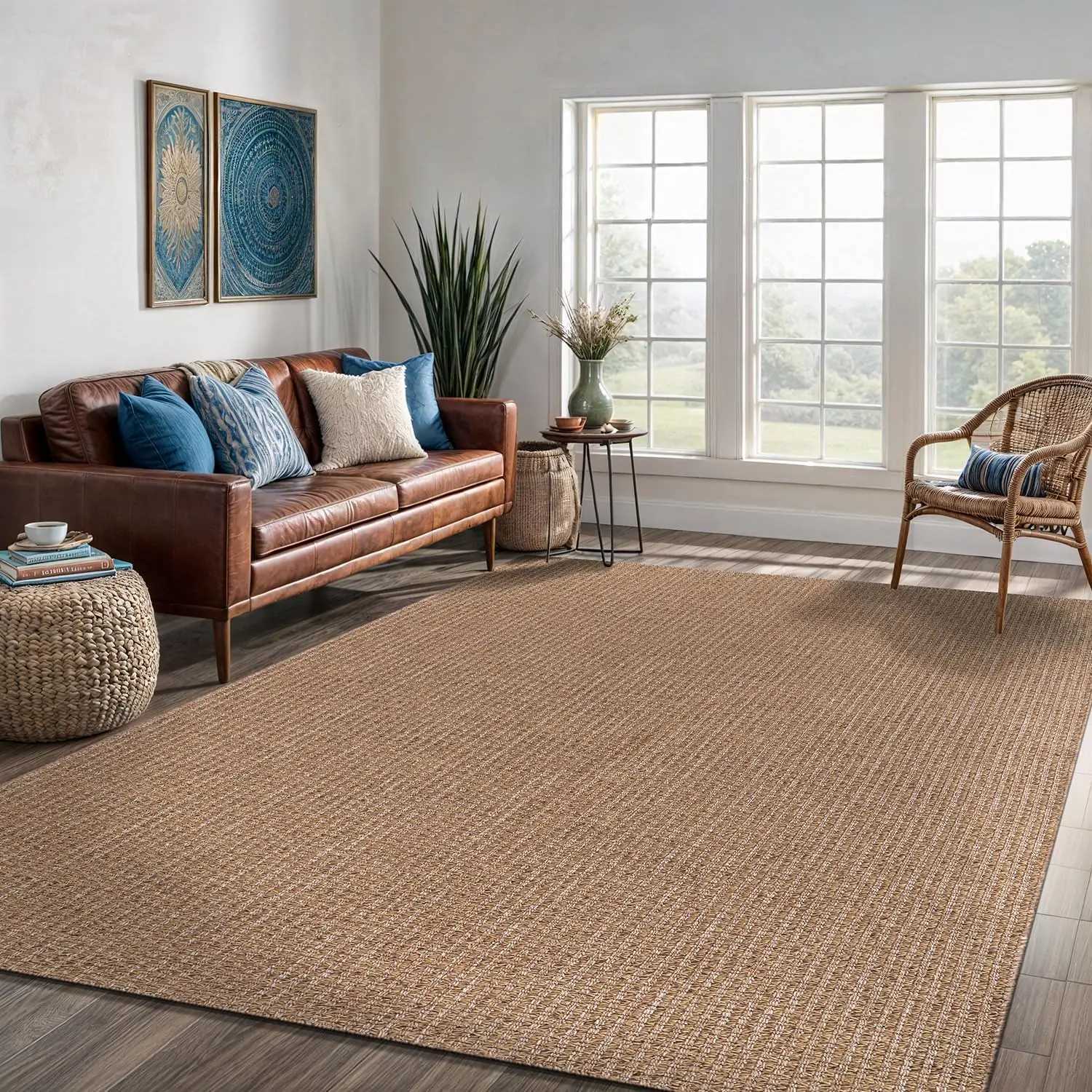 Easy Jute Rug 8x10 Indoor Outdoor Natural Color Farmhouse Area Rugs for Living Room Kitchen Washable Easy to Clean Solid Boho Z250206